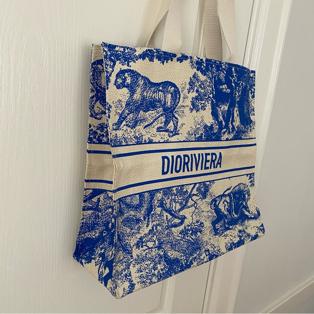 Brand New Christian Dior Blue Dioriviera Print Paper Straw Tote Bag XL size - Picture 8 of 14